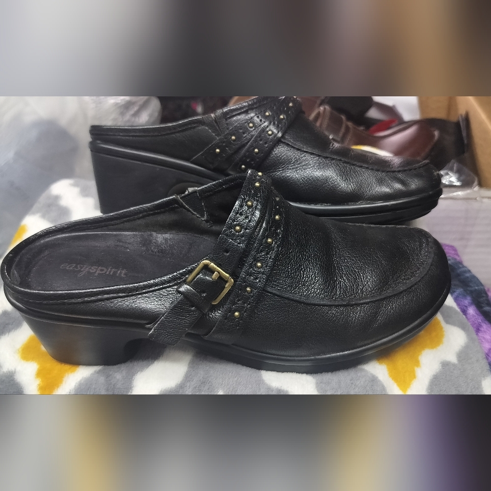 Easy Spirit Black Leather Mules with Studded Strap